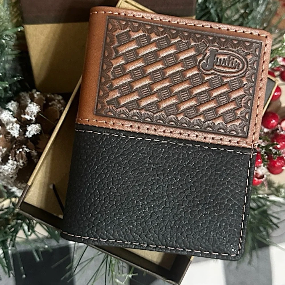 New Justin Boots Mens Leather Wallet Bi Fold Basketweave Card Wallet Brown Black